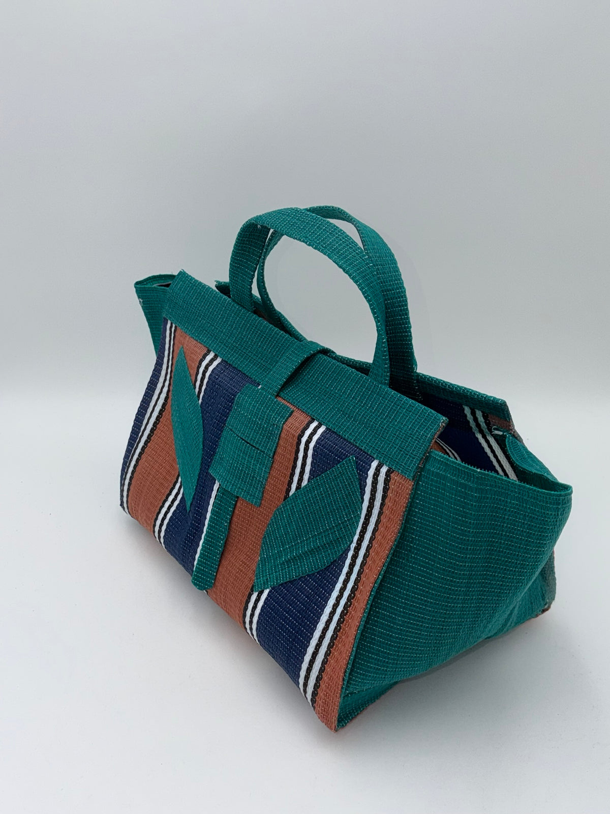 Emerald Large handwoven tote bag by SCRUBIES in Green,Brown,Blue,White with Stripes design and Leaf accent pattern