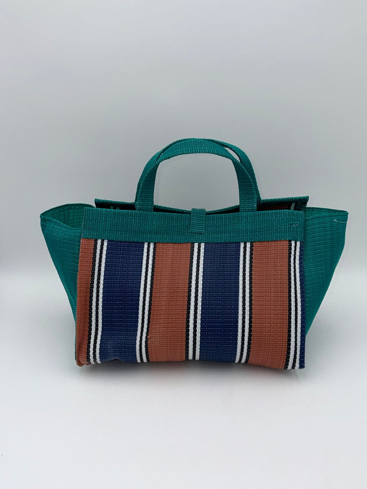 Emerald Large handwoven tote bag by SCRUBIES in Green,Brown,Blue,White with Stripes design and Leaf accent pattern