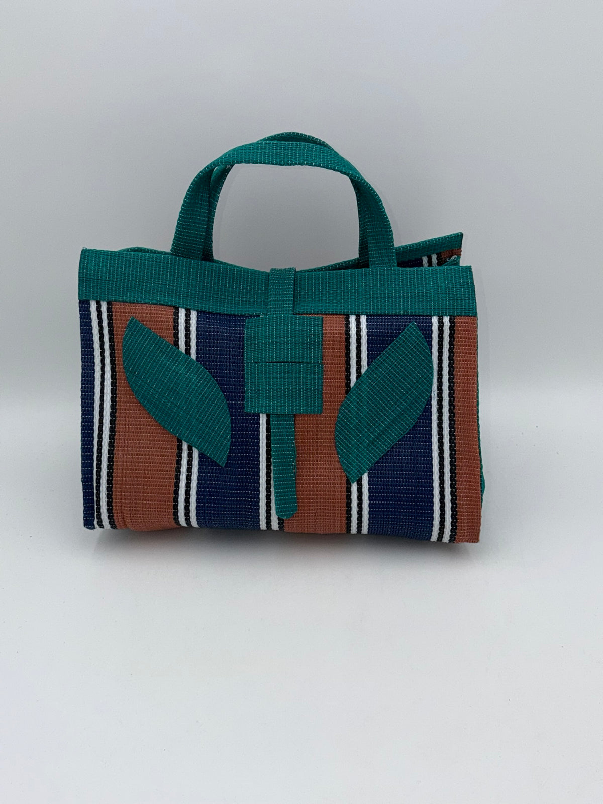 Emerald Large handwoven tote bag by SCRUBIES in Green,Brown,Blue,White with Stripes design and Leaf accent pattern