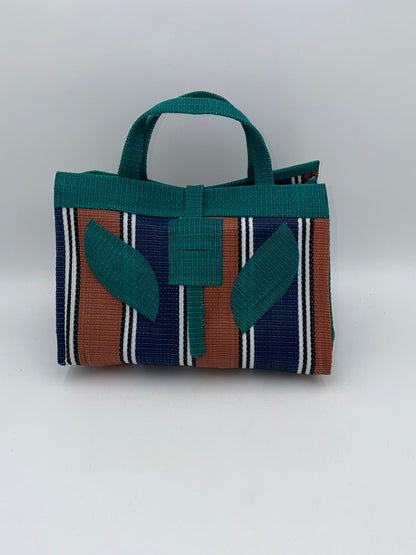 Emerald Large handwoven tote bag by SCRUBIES in Green,Brown,Blue,White with Stripes design and Leaf accent pattern