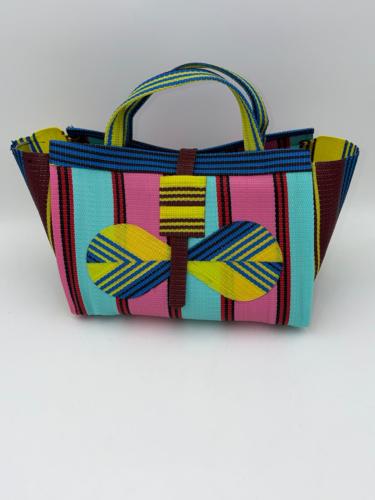 Candy Large handwoven tote bag by SCRUBIES in Teal,Pink,Yellow,Blue,Brown with Stripes design and Bow accent pattern