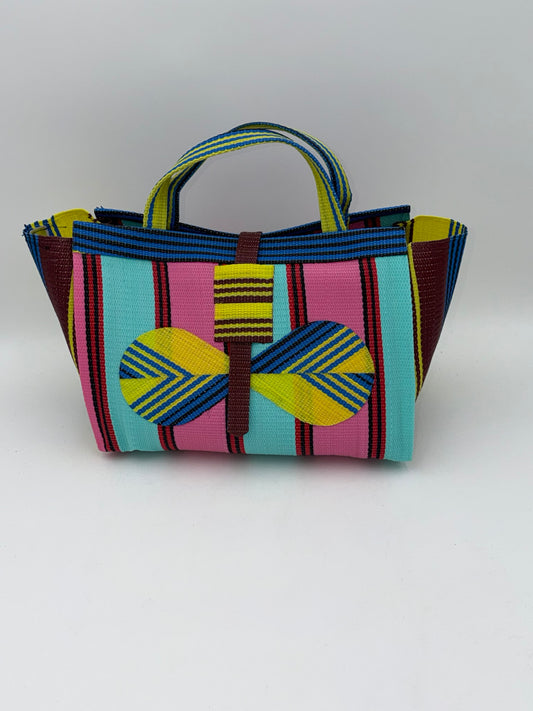 Candy Large handwoven tote bag by SCRUBIES in Teal,Pink,Yellow,Blue,Brown with Stripes design and Bow accent pattern