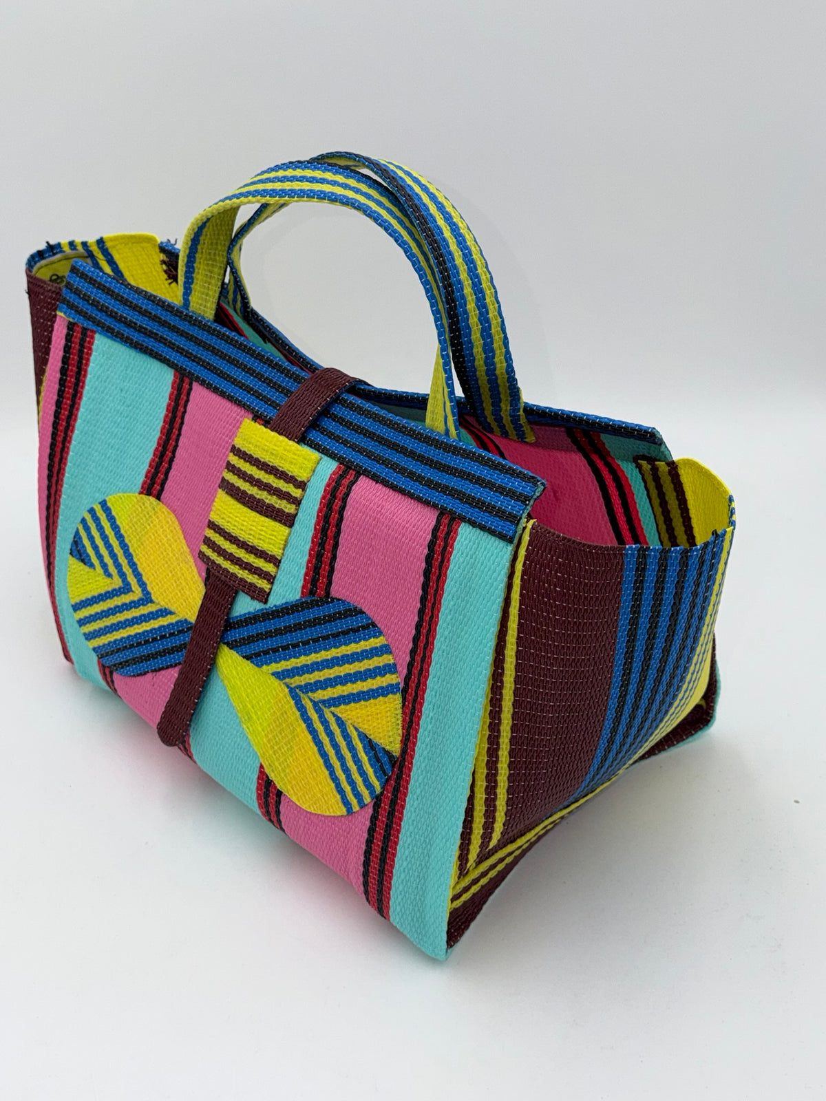 Candy Large handwoven tote bag by SCRUBIES in Teal,Pink,Yellow,Blue,Brown with Stripes design and Bow accent pattern
