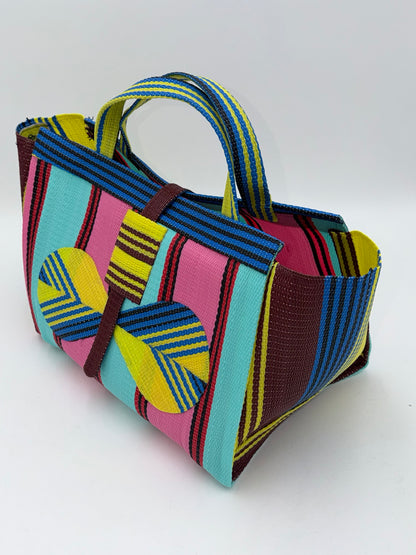 Candy Large handwoven tote bag by SCRUBIES in Teal,Pink,Yellow,Blue,Brown with Stripes design and Bow accent pattern