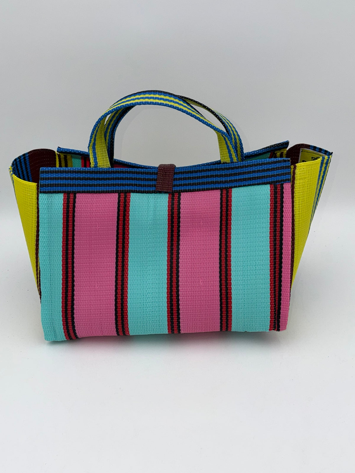 Candy Large handwoven tote bag by SCRUBIES in Teal,Pink,Yellow,Blue,Brown with Stripes design and Bow accent pattern
