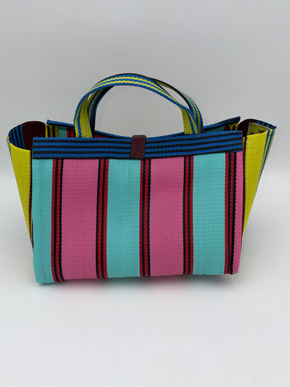 Candy Large handwoven tote bag by SCRUBIES in Teal,Pink,Yellow,Blue,Brown with Stripes design and Bow accent pattern