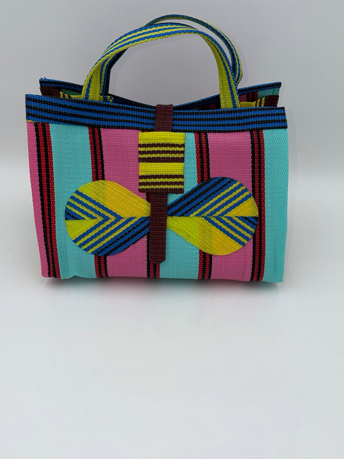 Candy Large handwoven tote bag by SCRUBIES in Teal,Pink,Yellow,Blue,Brown with Stripes design and Bow accent pattern