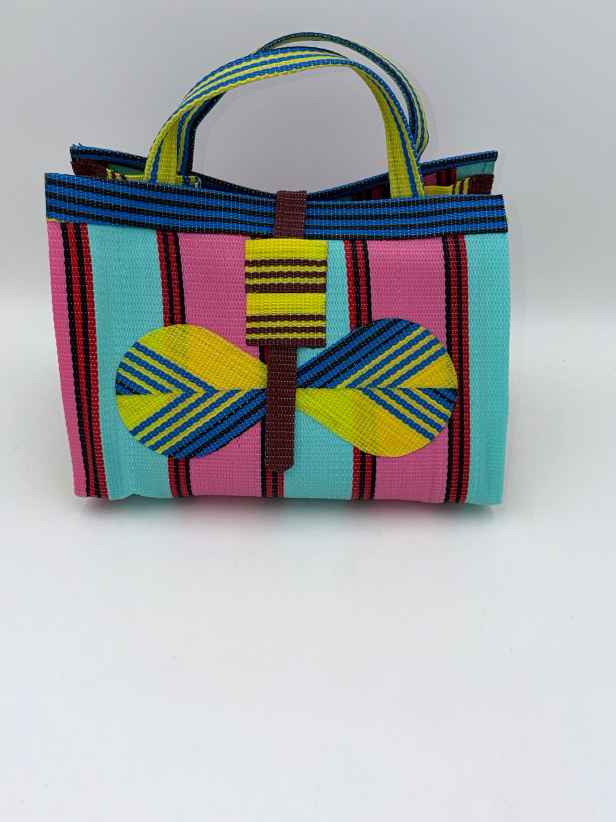 Candy Large handwoven tote bag by SCRUBIES in Teal,Pink,Yellow,Blue,Brown with Stripes design and Bow accent pattern
