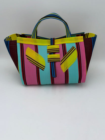 Candy Large handwoven tote bag by SCRUBIES in Teal,Pink,Yellow,Blue,Brown with Stripes design and Leaf accent pattern