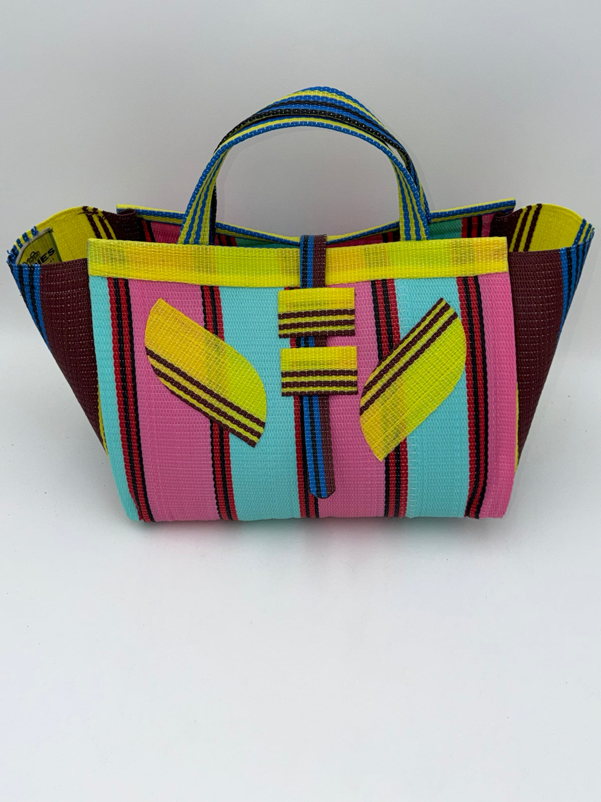 Candy Large handwoven tote bag by SCRUBIES in Teal,Pink,Yellow,Blue,Brown with Stripes design and Leaf accent pattern
