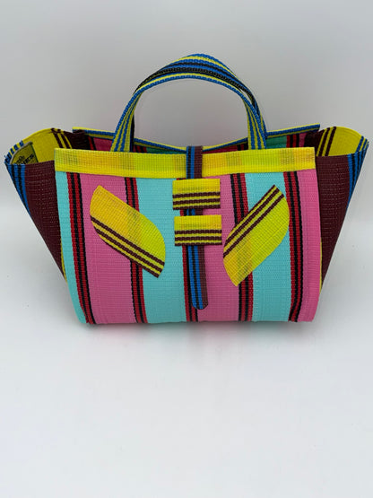 Candy Large handwoven tote bag by SCRUBIES in Teal,Pink,Yellow,Blue,Brown with Stripes design and Leaf accent pattern