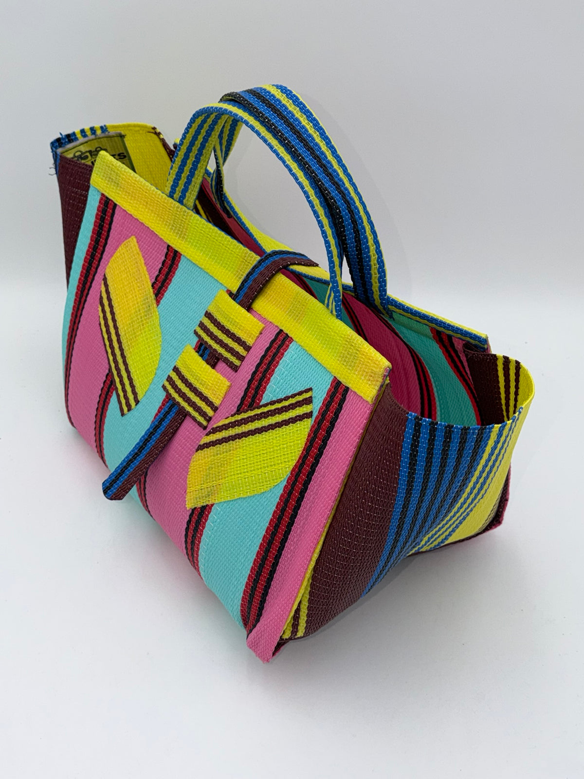 Candy Large handwoven tote bag by SCRUBIES in Teal,Pink,Yellow,Blue,Brown with Stripes design and Leaf accent pattern