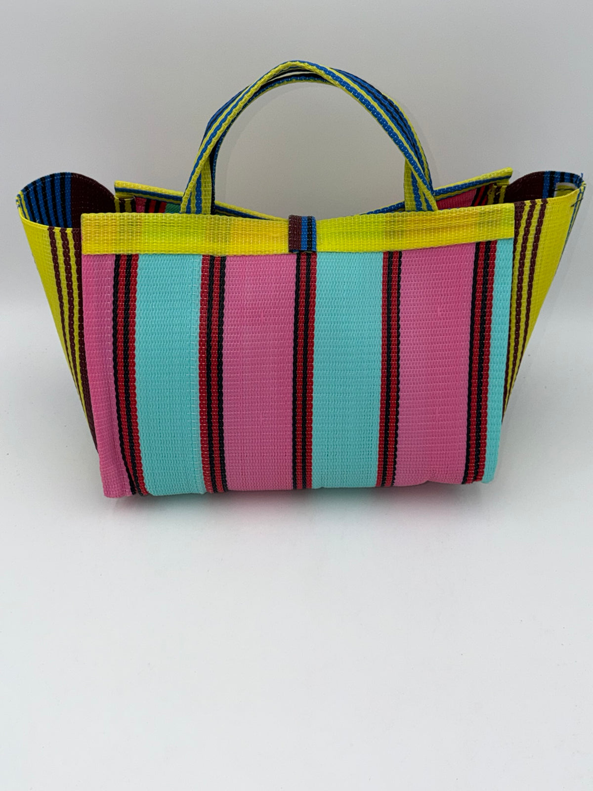 Candy Large handwoven tote bag by SCRUBIES in Teal,Pink,Yellow,Blue,Brown with Stripes design and Leaf accent pattern
