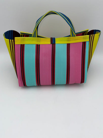 Candy Large handwoven tote bag by SCRUBIES in Teal,Pink,Yellow,Blue,Brown with Stripes design and Leaf accent pattern