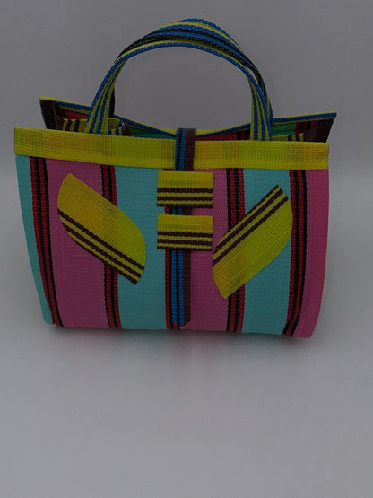 Candy Large handwoven tote bag by SCRUBIES in Teal,Pink,Yellow,Blue,Brown with Stripes design and Leaf accent pattern