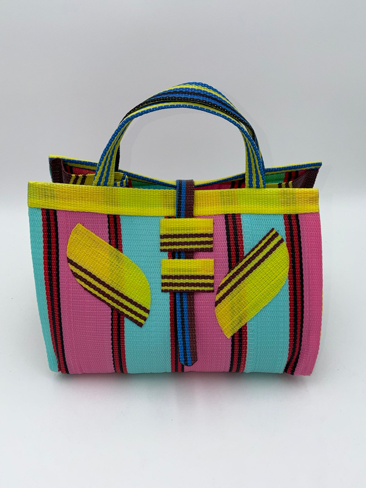 Candy Large handwoven tote bag by SCRUBIES in Teal,Pink,Yellow,Blue,Brown with Stripes design and Leaf accent pattern