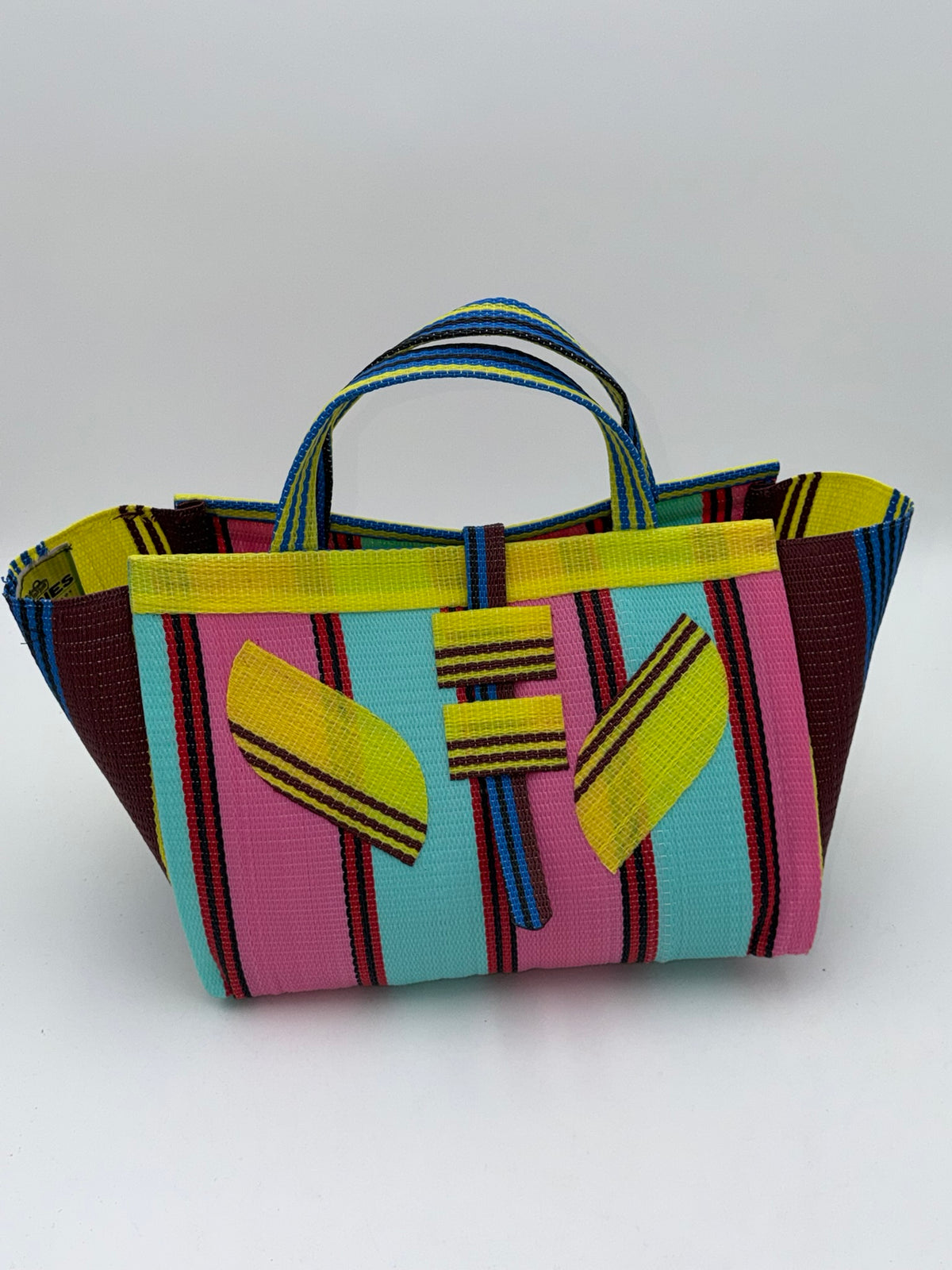 Candy Large handwoven tote bag by SCRUBIES in Teal,Pink,Yellow,Blue,Brown with Stripes design and Leaf accent pattern