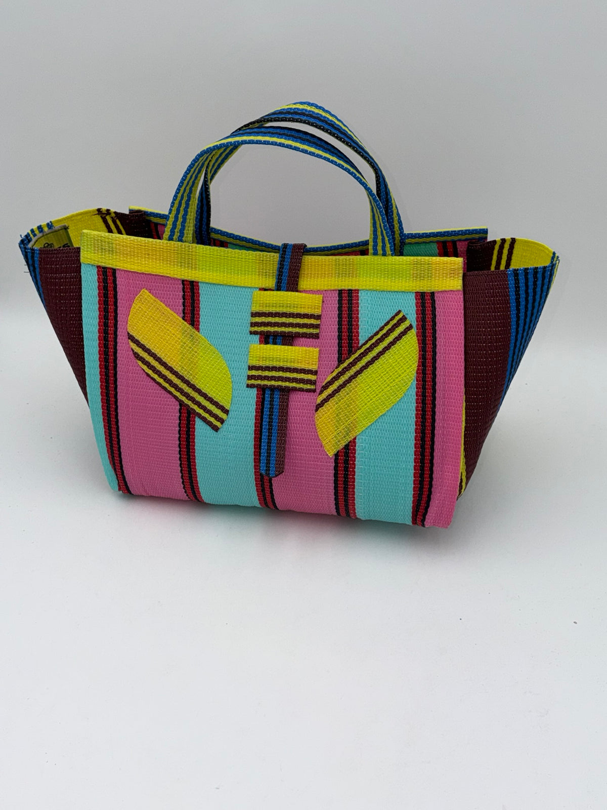 Candy Large handwoven tote bag by SCRUBIES in Teal,Pink,Yellow,Blue,Brown with Stripes design and Leaf accent pattern