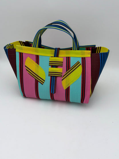 Candy Large handwoven tote bag by SCRUBIES in Teal,Pink,Yellow,Blue,Brown with Stripes design and Leaf accent pattern