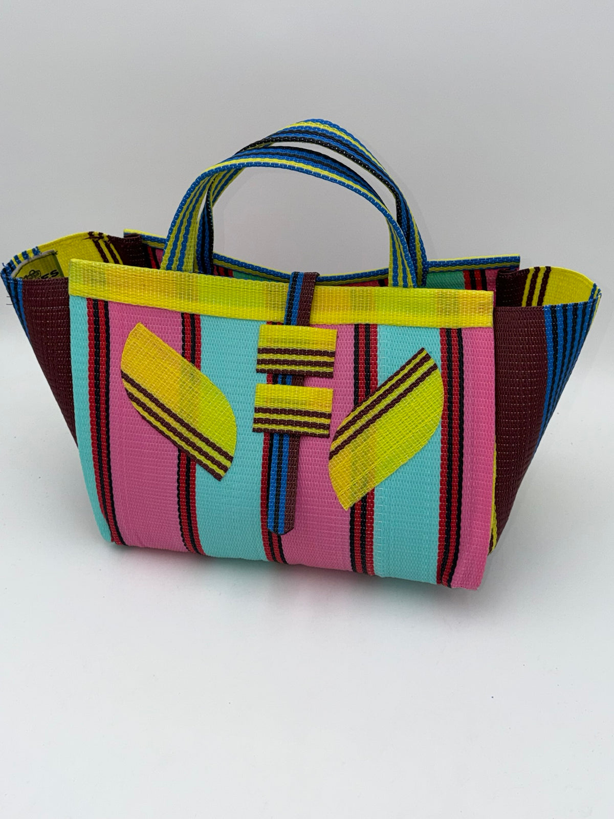 Candy Large handwoven tote bag by SCRUBIES in Teal,Pink,Yellow,Blue,Brown with Stripes design and Leaf accent pattern