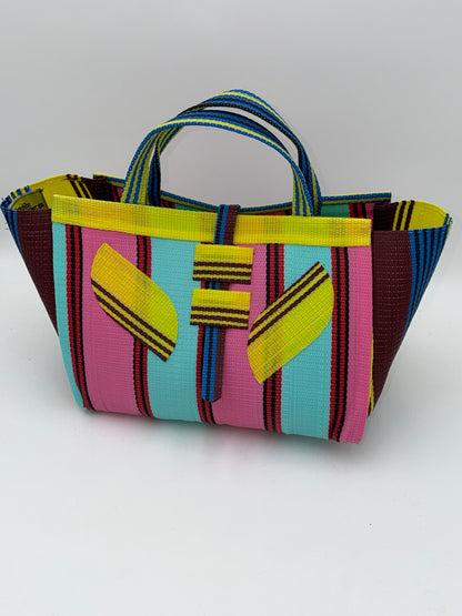 Candy Large handwoven tote bag by SCRUBIES in Teal,Pink,Yellow,Blue,Brown with Stripes design and Leaf accent pattern