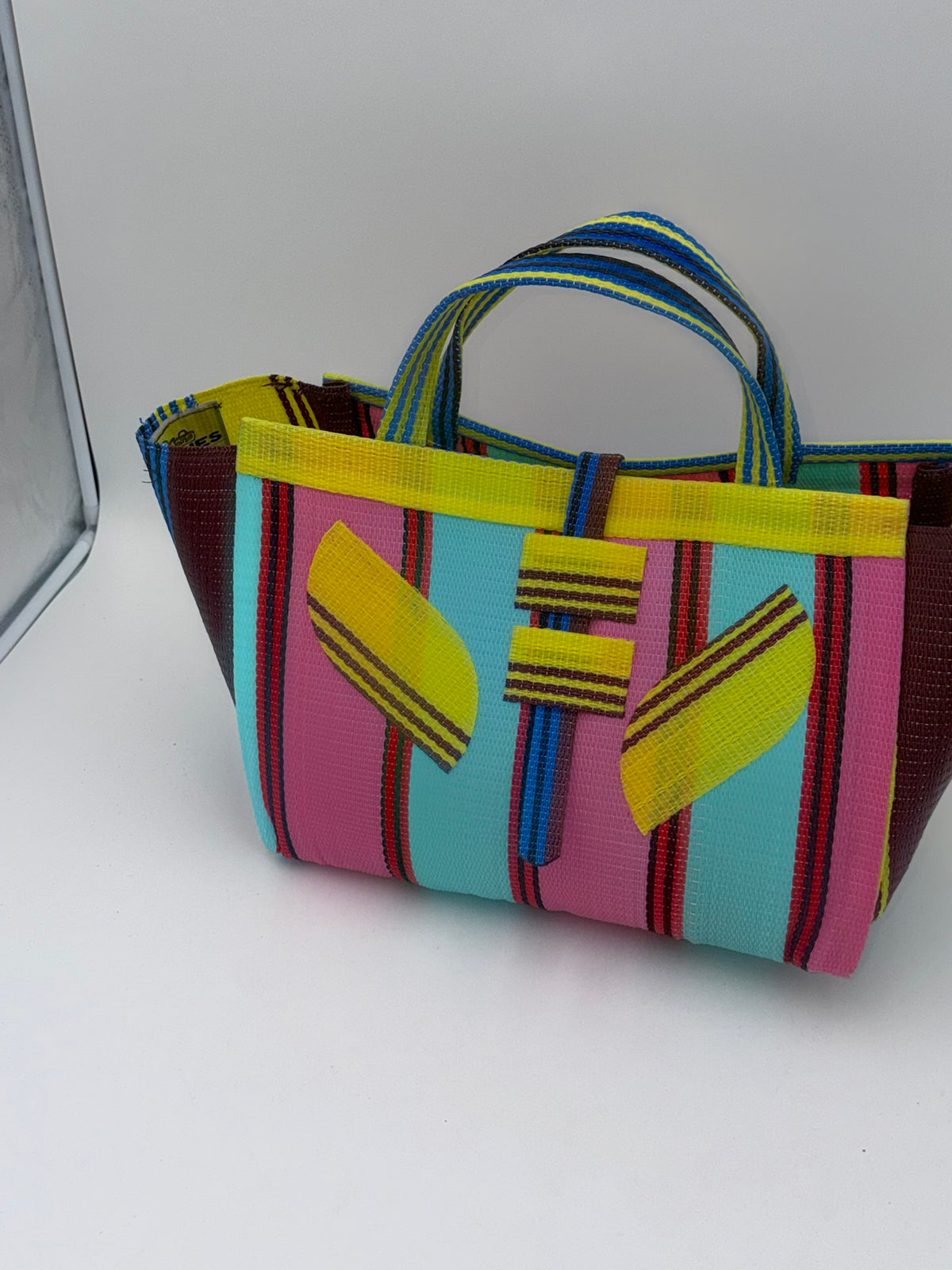 Candy Large handwoven tote bag by SCRUBIES in Teal,Pink,Yellow,Blue,Brown with Stripes design and Leaf accent pattern