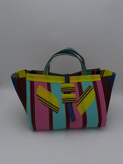 Candy Large handwoven tote bag by SCRUBIES in Teal,Pink,Yellow,Blue,Brown with Stripes design and Leaf accent pattern