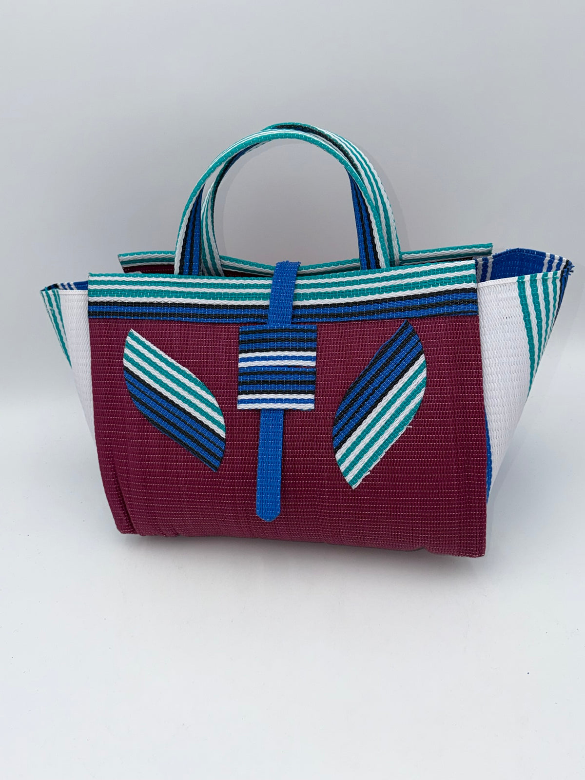 Winery Large handwoven tote bag by SCRUBIES in Wine,White,Blue,Teal with Solid design and Leaf accent pattern