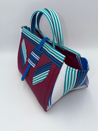 Winery Large handwoven tote bag by SCRUBIES in Wine,White,Blue,Teal with Solid design and Leaf accent pattern