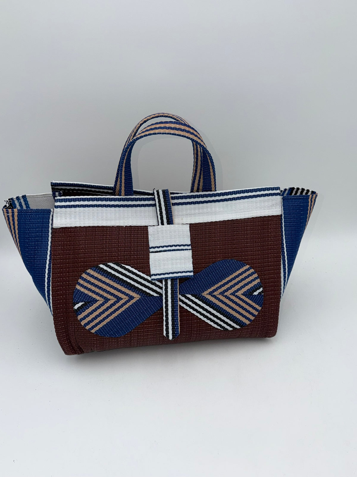 Brownie Large handwoven tote bag by SCRUBIES in Brown,White,Blue with Solid design and Bow accent pattern