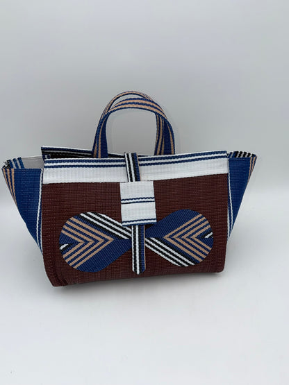 Brownie Large handwoven tote bag by SCRUBIES in Brown,White,Blue with Solid design and Bow accent pattern