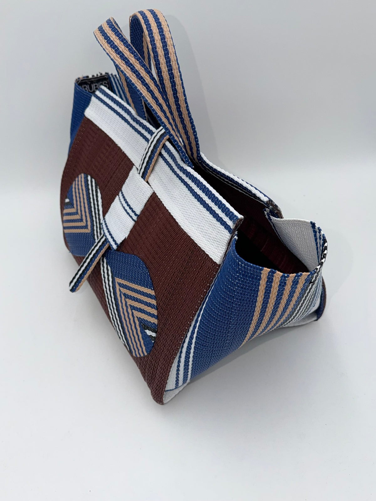 Brownie Large handwoven tote bag by SCRUBIES in Brown,White,Blue with Solid design and Bow accent pattern