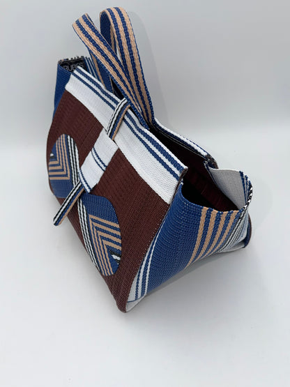 Brownie Large handwoven tote bag by SCRUBIES in Brown,White,Blue with Solid design and Bow accent pattern