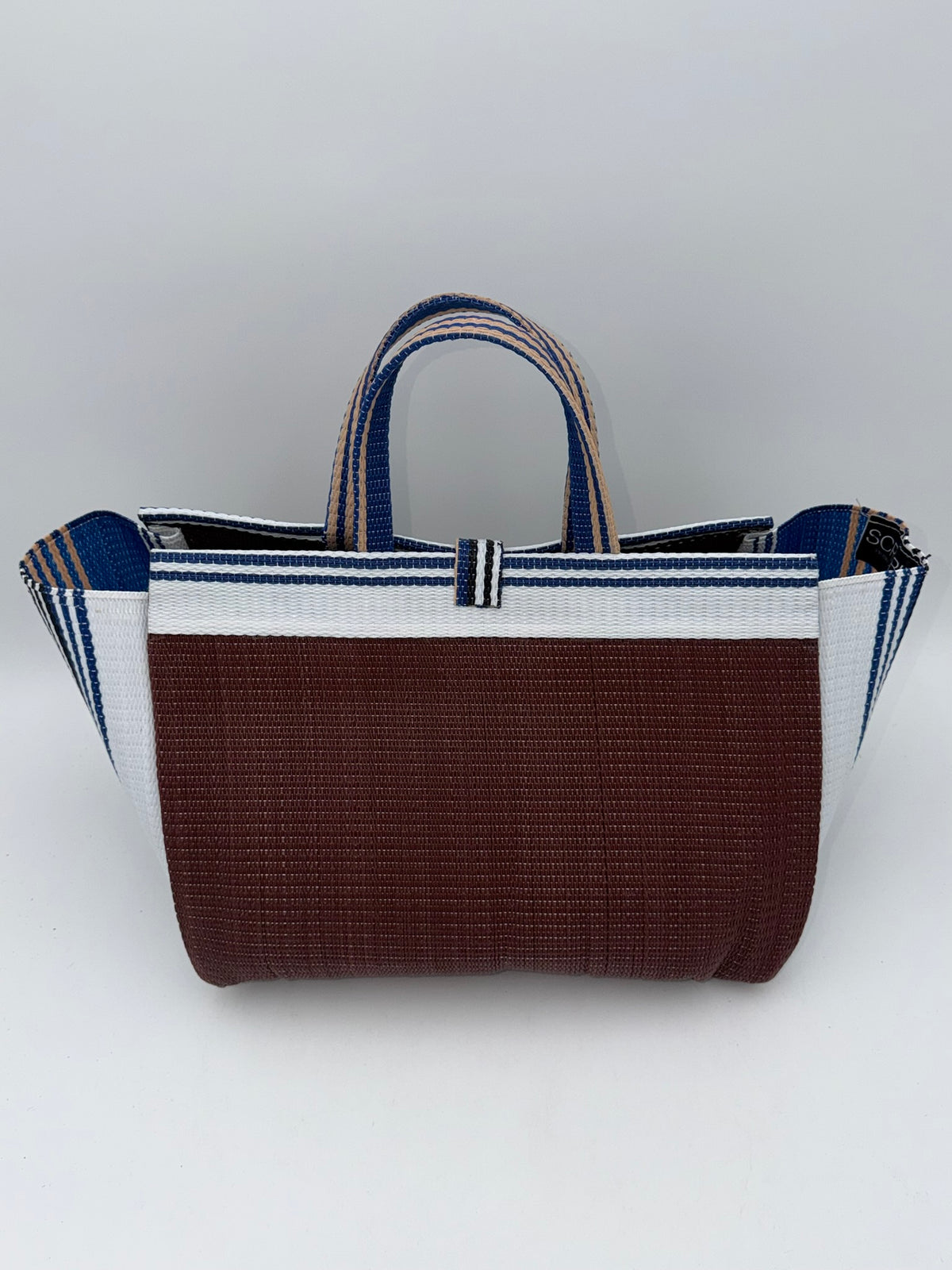 Brownie Large handwoven tote bag by SCRUBIES in Brown,White,Blue with Solid design and Bow accent pattern