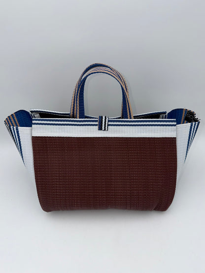 Brownie Large handwoven tote bag by SCRUBIES in Brown,White,Blue with Solid design and Bow accent pattern
