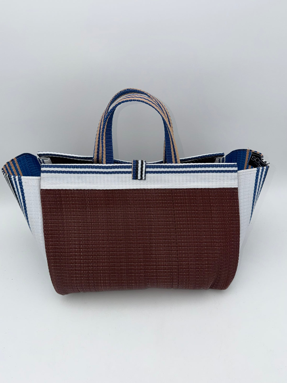 Brownie Large handwoven tote bag by SCRUBIES in Brown,White,Blue with Solid design and Bow accent pattern