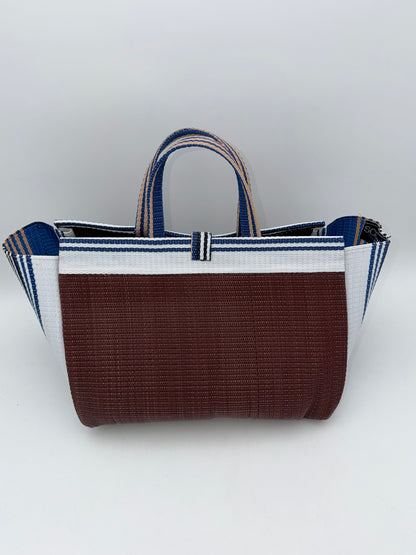 Brownie Large handwoven tote bag by SCRUBIES in Brown,White,Blue with Solid design and Bow accent pattern