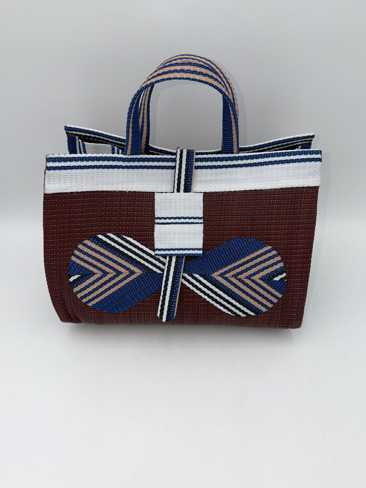 Brownie Large handwoven tote bag by SCRUBIES in Brown,White,Blue with Solid design and Bow accent pattern