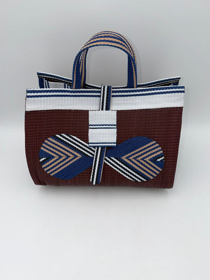 Brownie Large handwoven tote bag by SCRUBIES in Brown,White,Blue with Solid design and Bow accent pattern