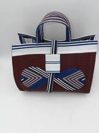 Brownie Large handwoven tote bag by SCRUBIES in Brown,White,Blue with Solid design and Bow accent pattern
