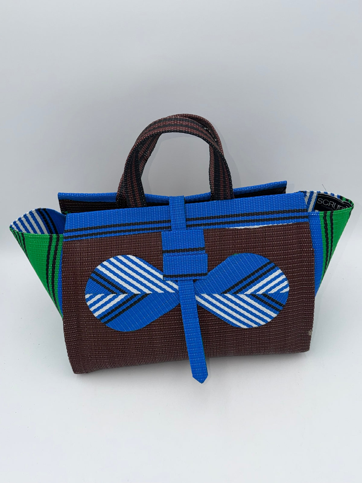 Brownie Large handwoven tote bag by SCRUBIES in Brown,Blue,White,Green with Solid design and Bow accent pattern