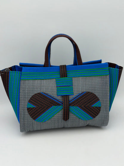 Metallic Large handwoven tote bag by SCRUBIES in Gray,Brown,Blue,Green with Solid design and Bow accent pattern