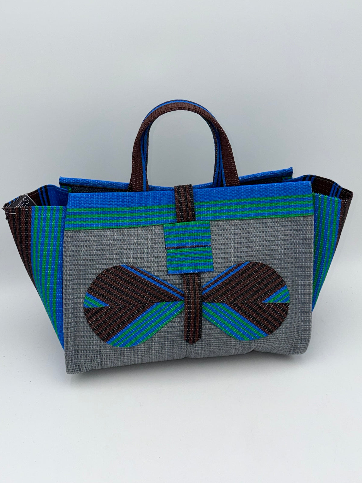 Metallic Large handwoven tote bag by SCRUBIES in Gray,Brown,Blue,Green with Solid design and Bow accent pattern