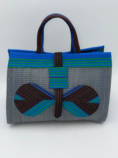 Metallic Large handwoven tote bag by SCRUBIES in Gray,Brown,Blue,Green with Solid design and Bow accent pattern