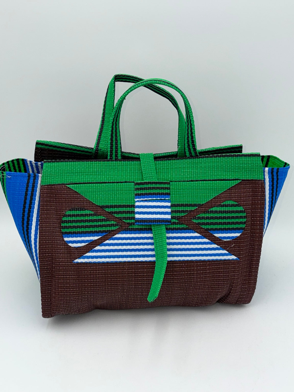Brownie Large handwoven tote bag by SCRUBIES in Brown,Green,Blue,White with Solid design and Abstract accent pattern