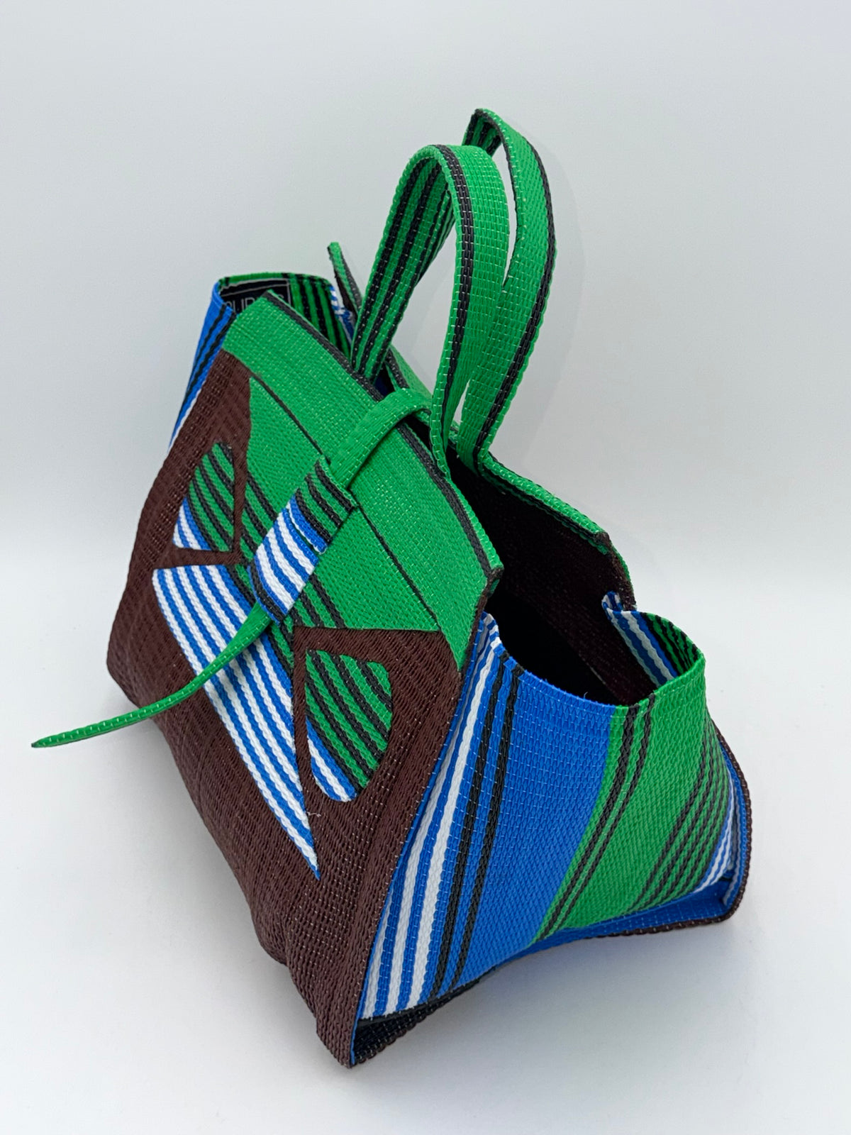 Brownie Large handwoven tote bag by SCRUBIES in Brown,Green,Blue,White with Solid design and Abstract accent pattern