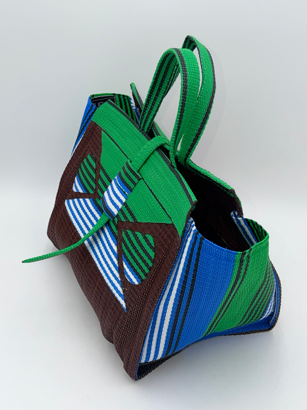 Brownie Large handwoven tote bag by SCRUBIES in Brown,Green,Blue,White with Solid design and Abstract accent pattern