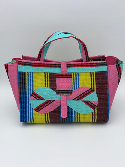 Sunshine Large handwoven tote bag by SCRUBIES in Pink,Teal,Yellow,Blue,Brown with Stripes design and Bow accent pattern