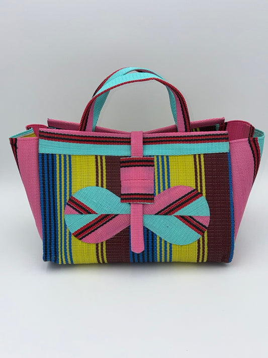 Sunshine Large handwoven tote bag by SCRUBIES in Pink,Teal,Yellow,Blue,Brown with Stripes design and Bow accent pattern