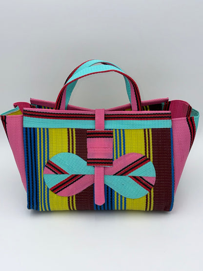 Sunshine Large handwoven tote bag by SCRUBIES in Pink,Teal,Yellow,Blue,Brown with Stripes design and Bow accent pattern